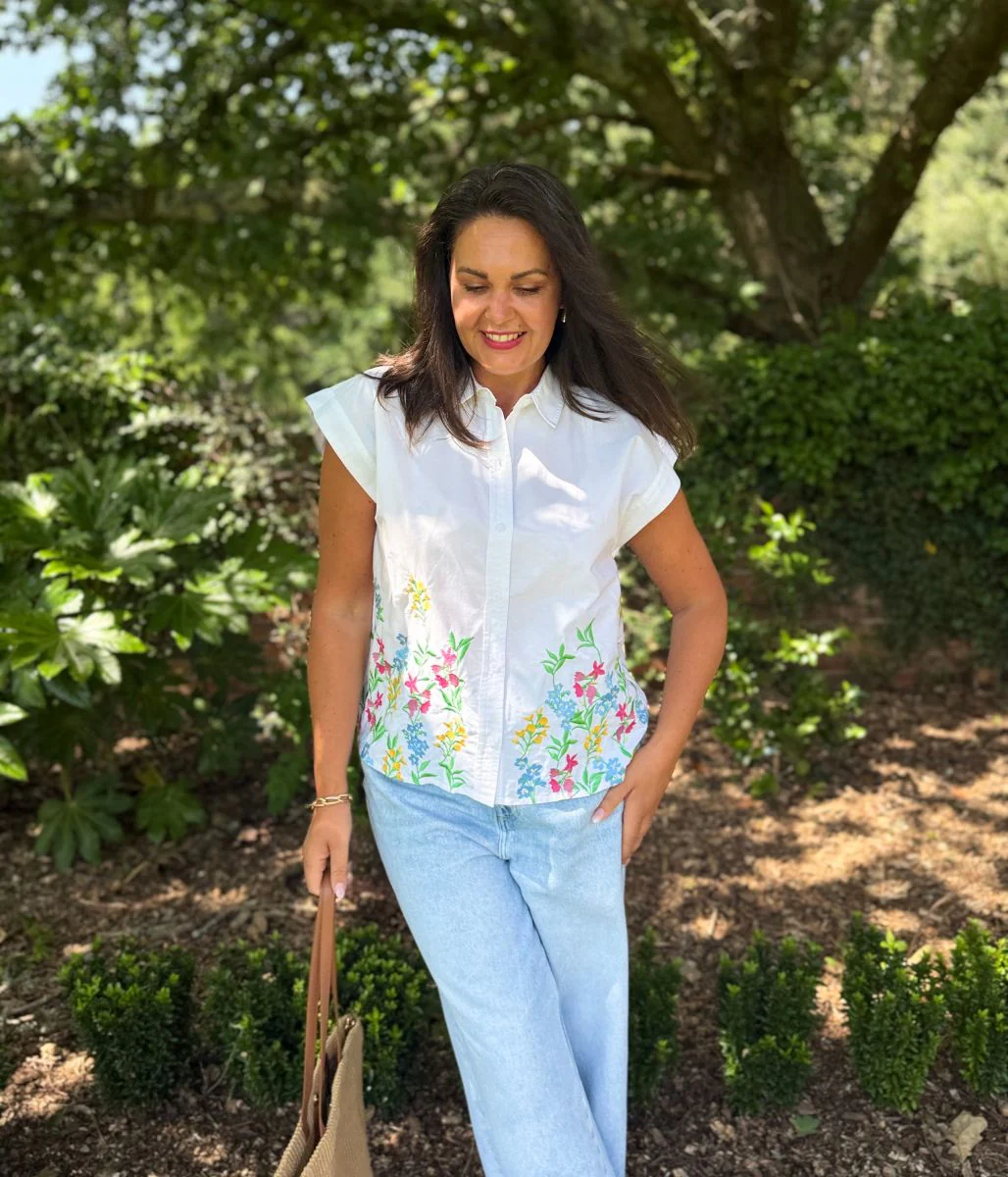 White Floral Embroidered Sleeveless Shirt