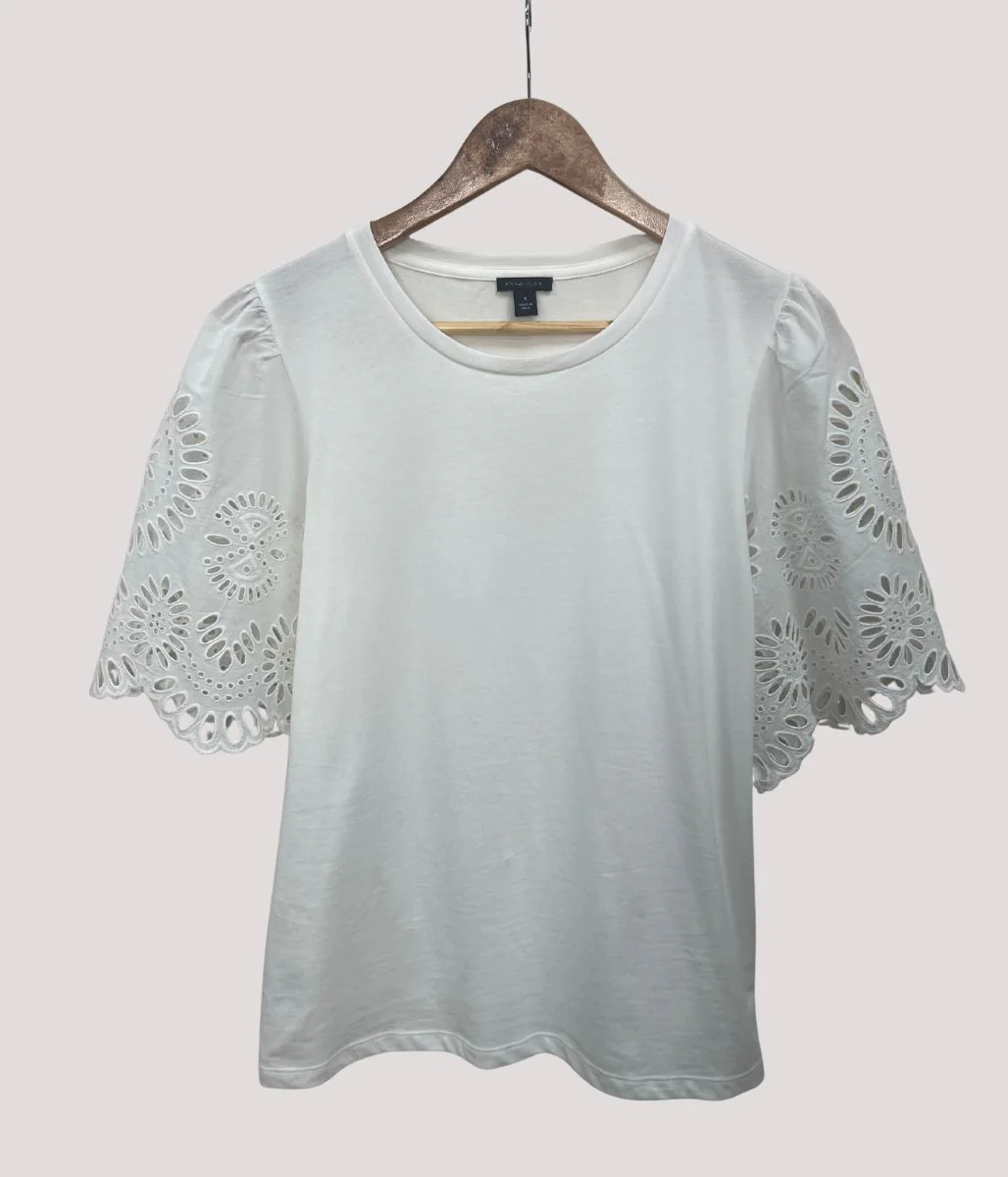 White Anglais Detail Sleeve Cotton Top - Image 12