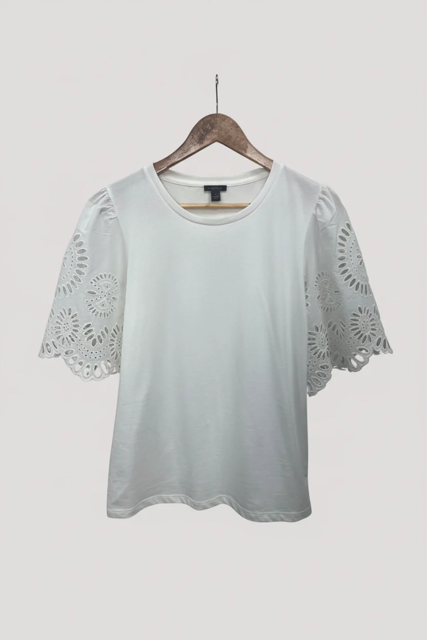 White Anglais Detail Sleeve Cotton Top - Image 13