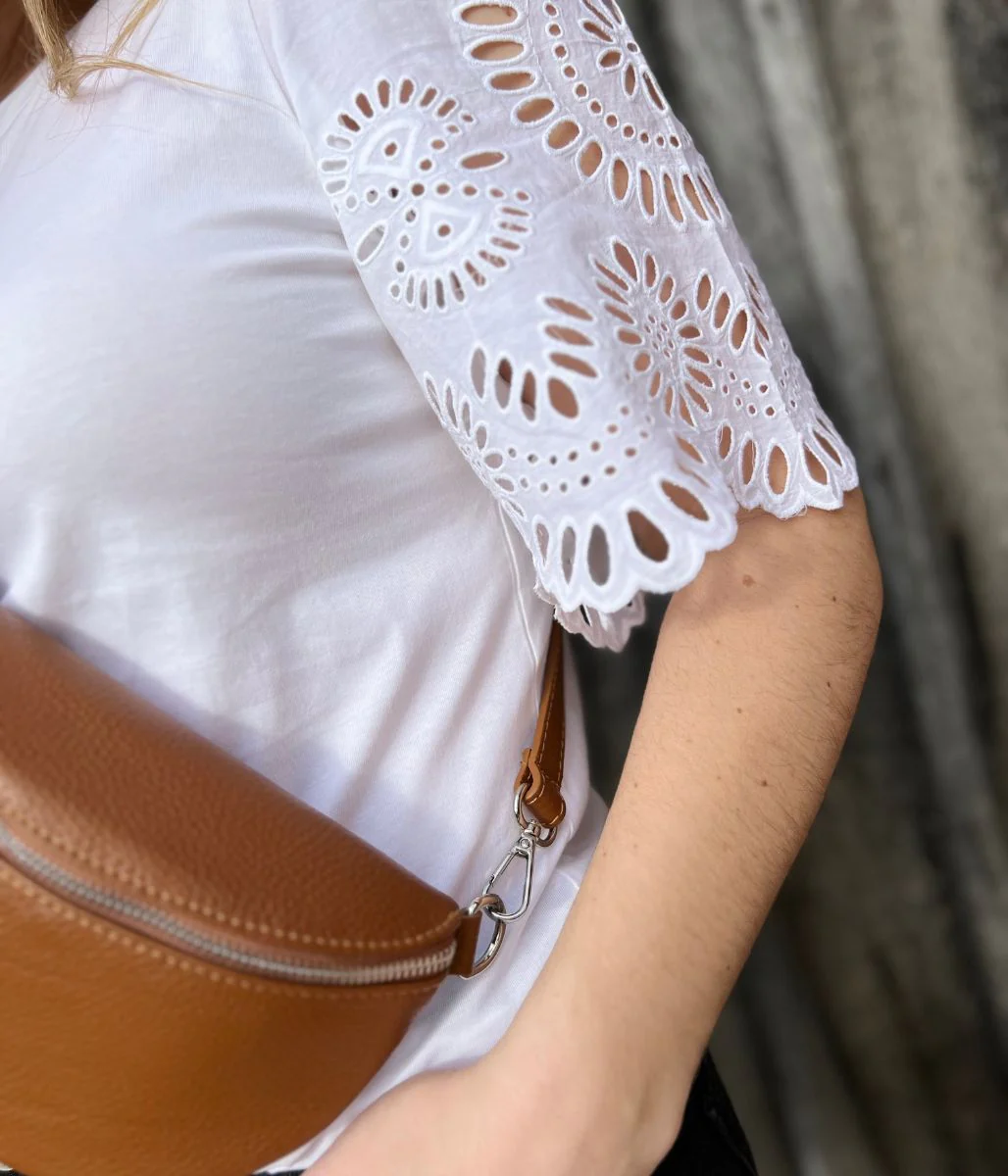 White Anglais Detail Sleeve Cotton Top - Image 4