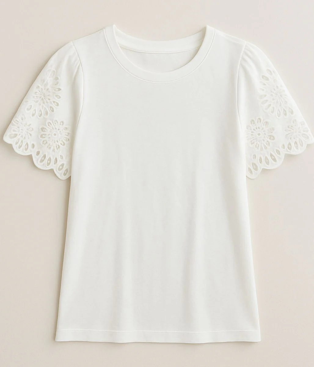 White Anglais Detail Sleeve Cotton Top - Image 5