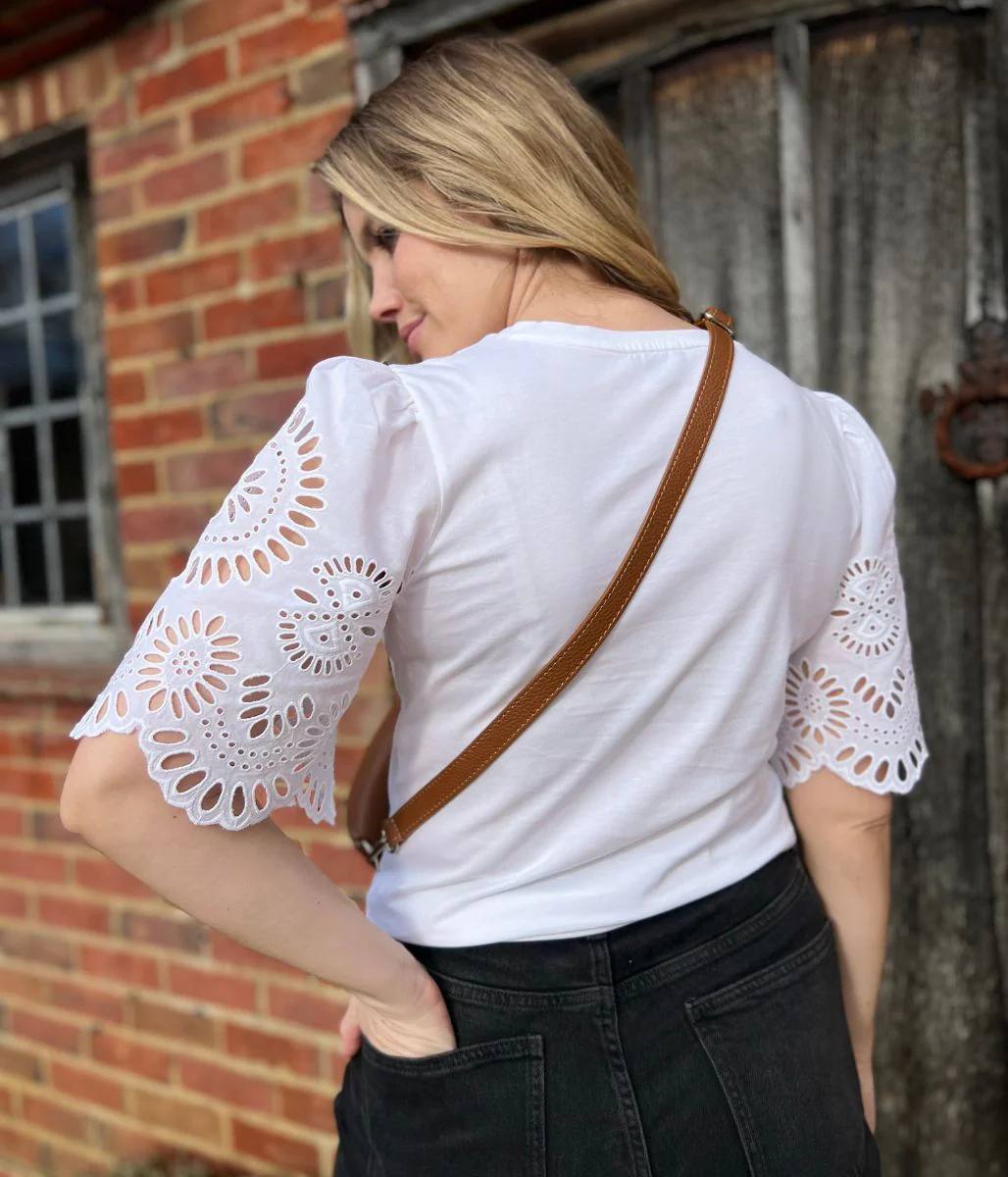 White Anglais Detail Sleeve Cotton Top - Image 7