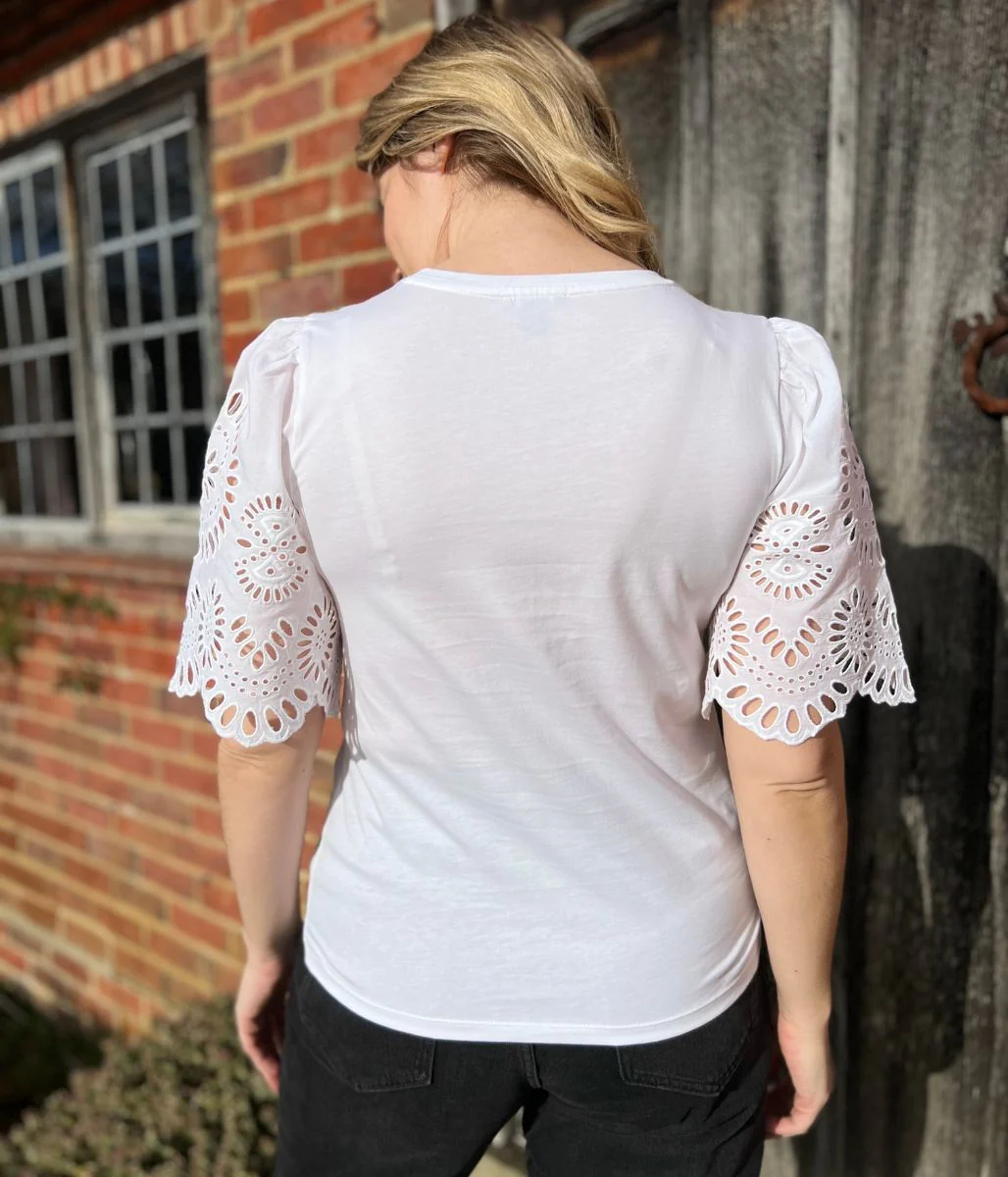 White Anglais Detail Sleeve Cotton Top - Image 8