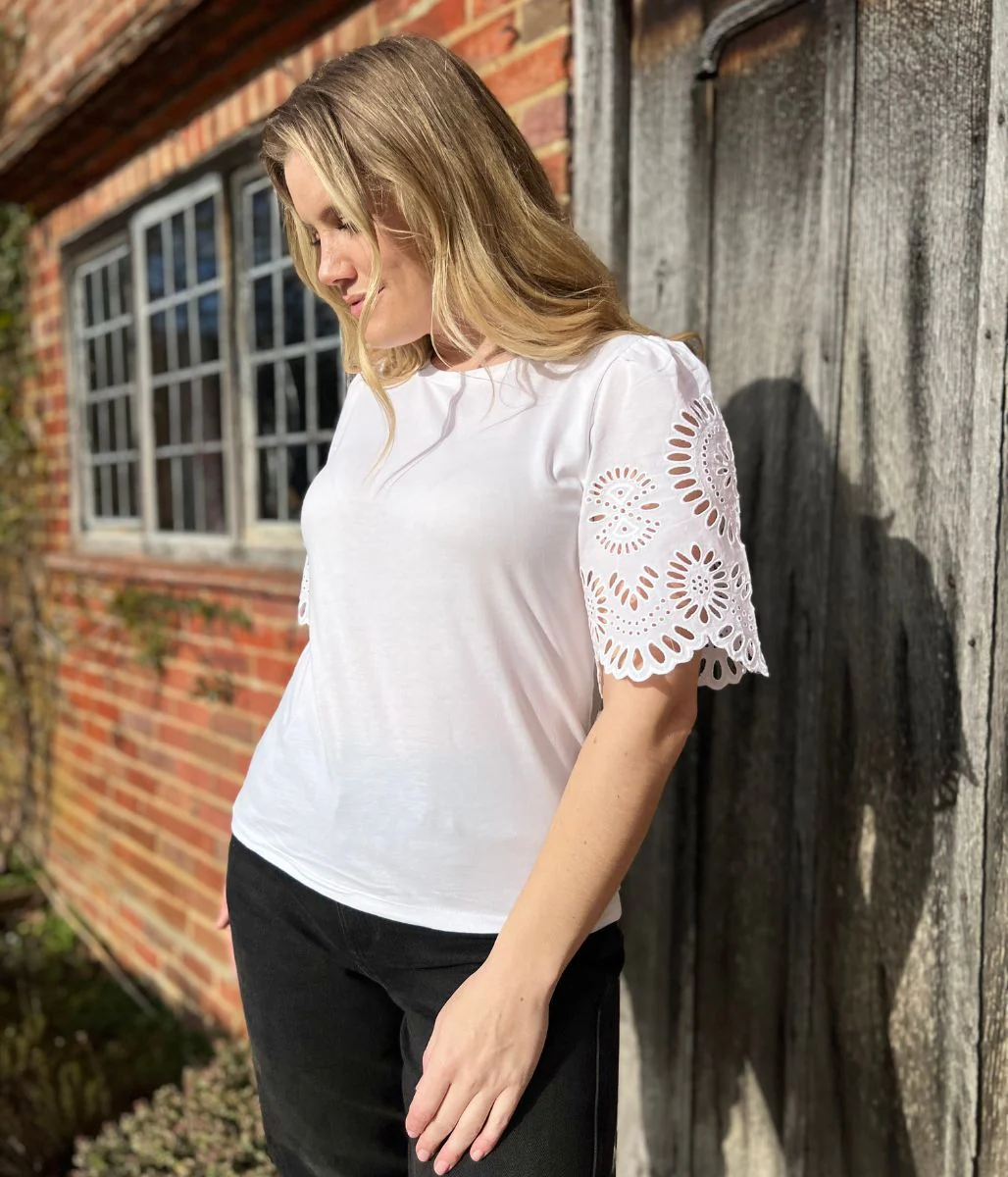 White Anglais Detail Sleeve Cotton Top - Image 9