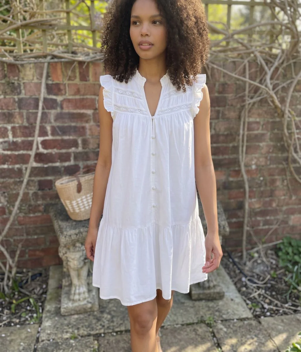 White Linen Blend Embroidered Detail Dress - Image 2