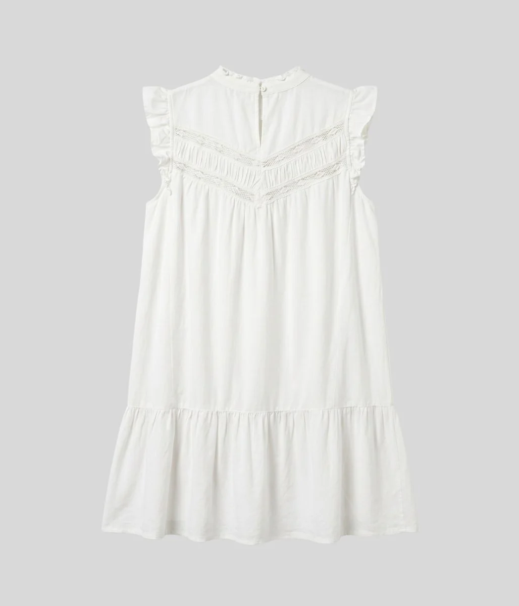 White Linen Blend Embroidered Detail Dress - Image 3