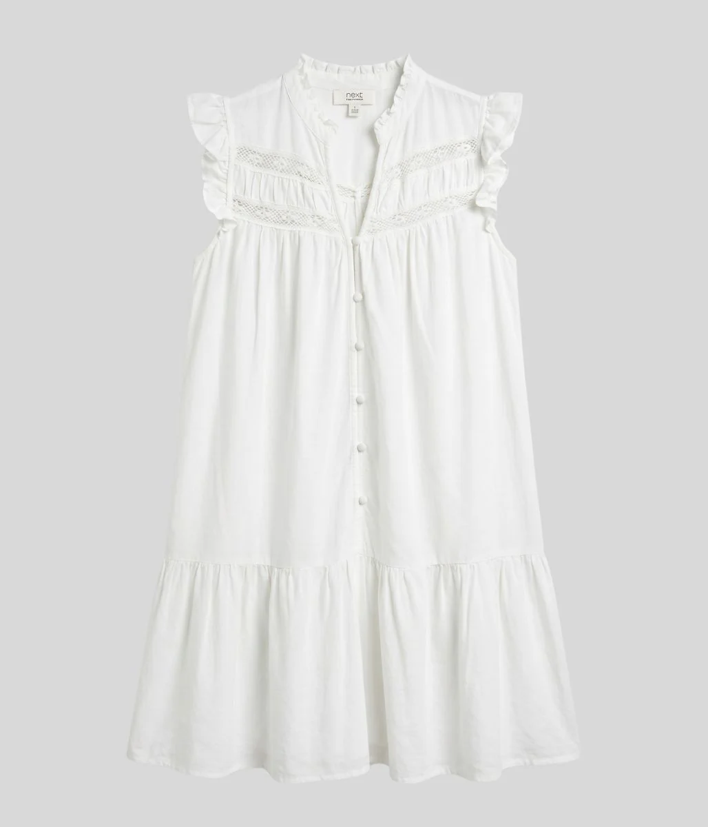 White Linen Blend Embroidered Detail Dress - Image 4