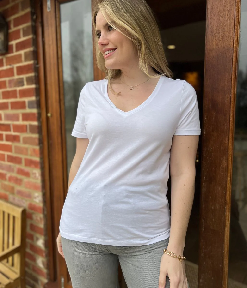 White Pure Cotton V Neck T Shirt - Image 3