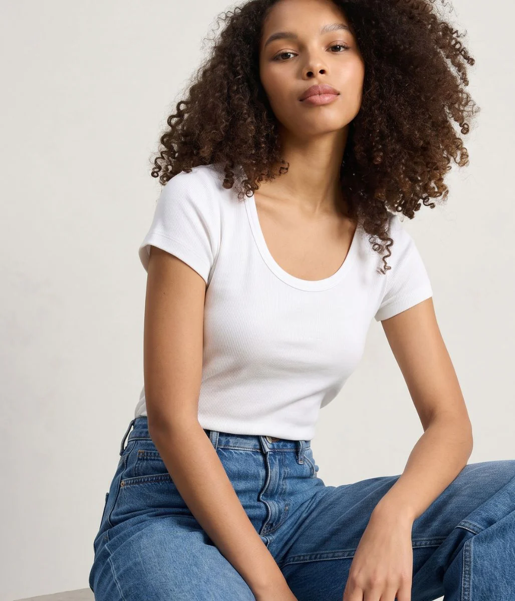 White Ribbed Scoop Neck T Shirt