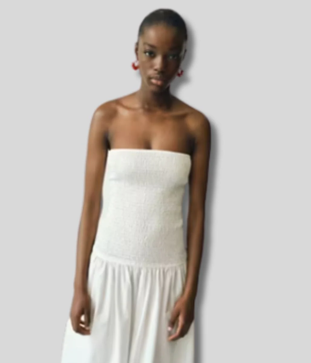 White Strapless Shirred Maxi Dress - Image 3
