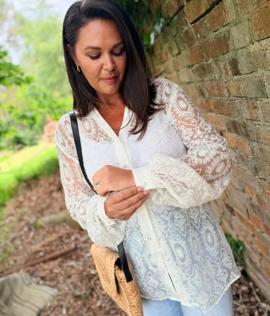 White Sheer Lace Shirt Coverup - Image 3