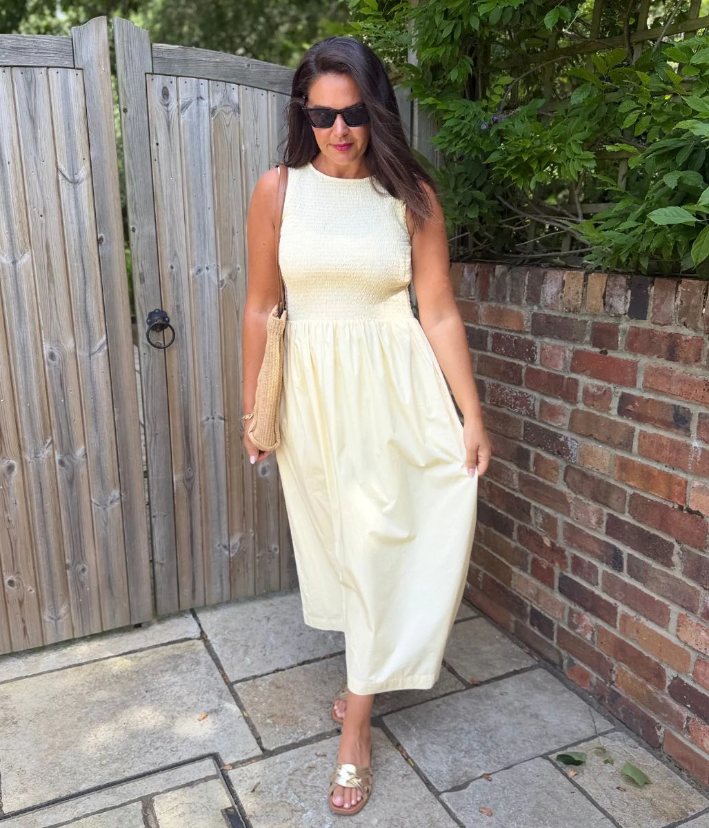Yellow Cotton Poplin Shirred Dress - Image 3