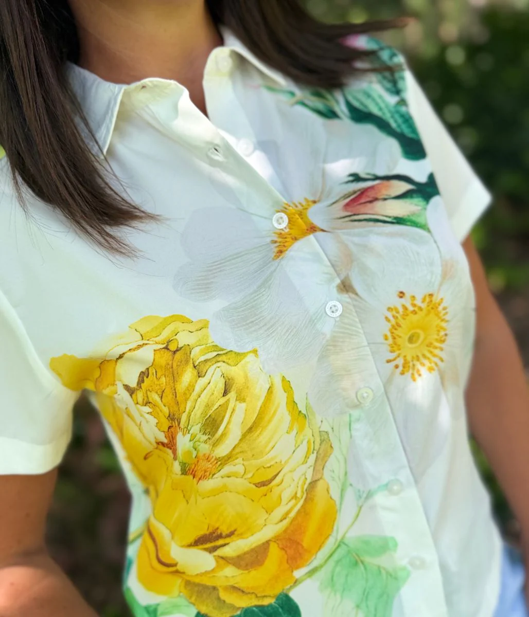 Yellow Floral Short Sleeve Silky Shirt - Image 3