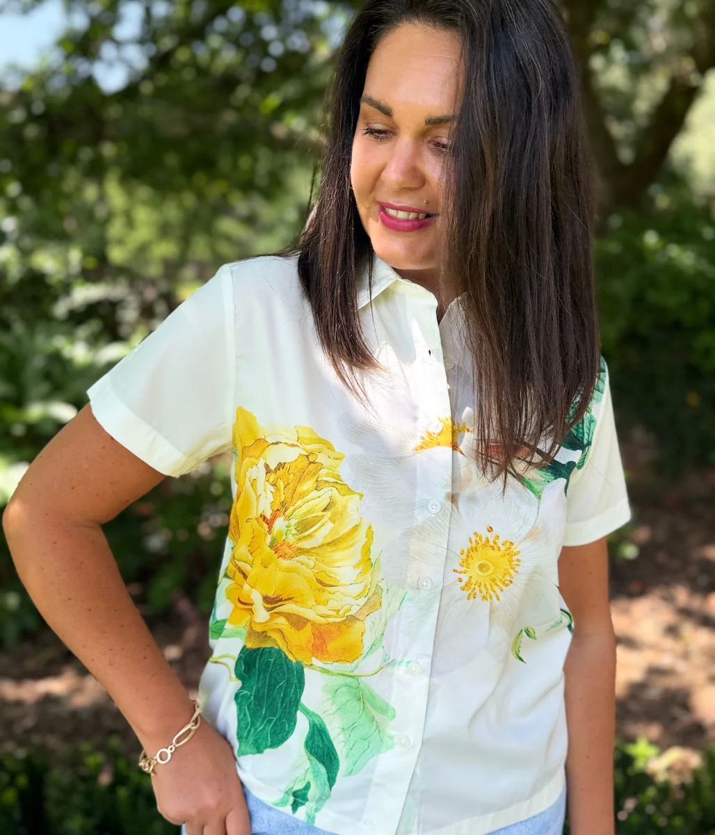 Yellow Floral Short Sleeve Silky Shirt - Image 4