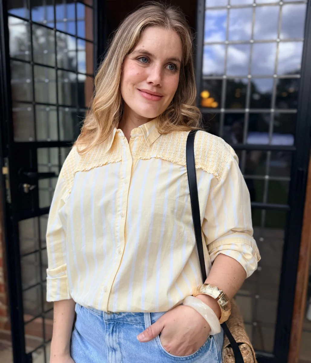 Yellow Pure Cotton Shirred Striped Shirt