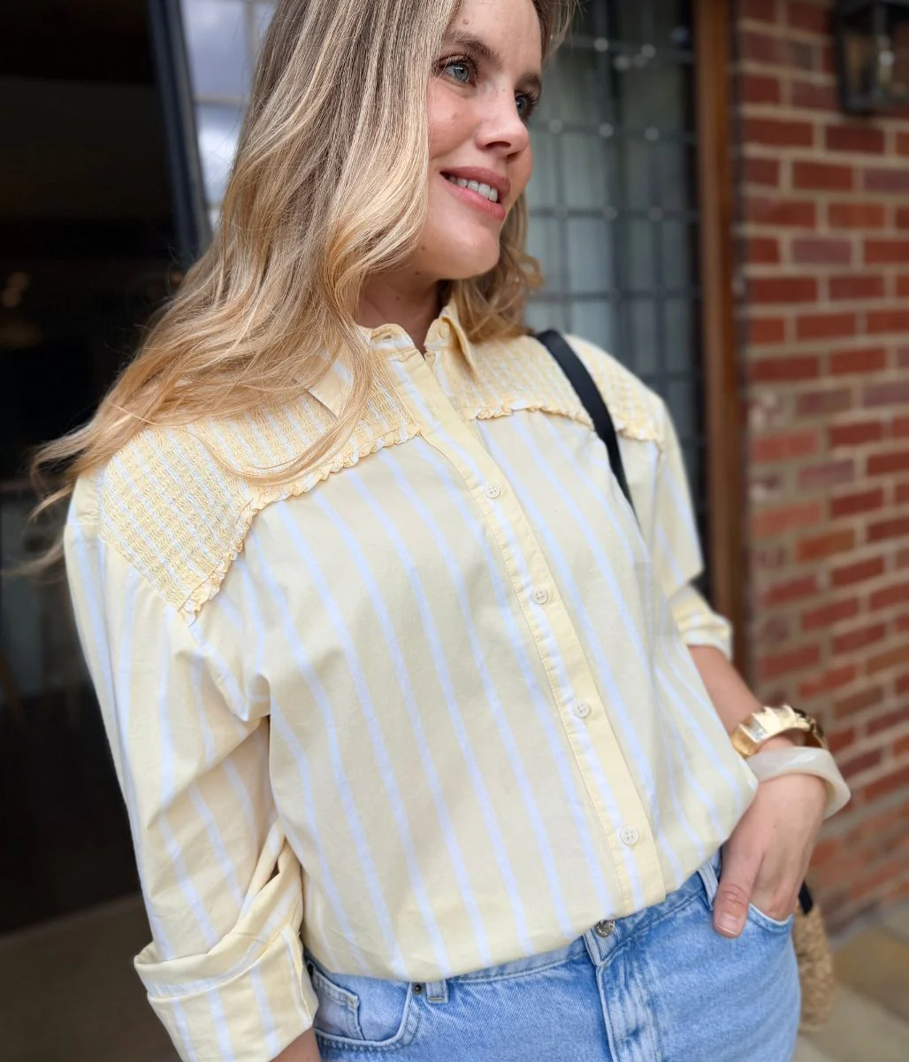 Yellow Pure Cotton Shirred Striped Shirt - Image 2
