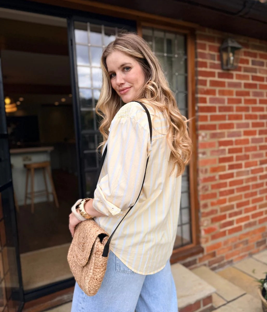 Yellow Pure Cotton Shirred Striped Shirt - Image 3