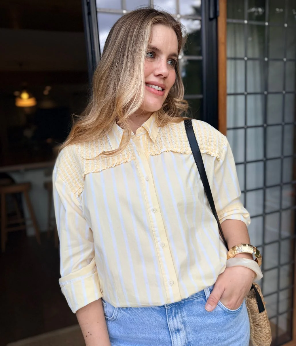 Yellow Pure Cotton Shirred Striped Shirt - Image 4