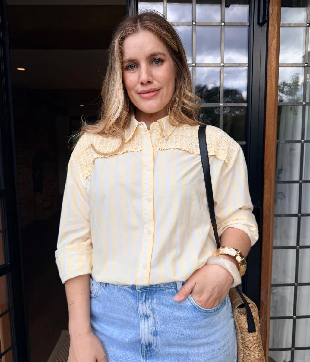 Yellow Pure Cotton Shirred Striped Shirt - Image 6