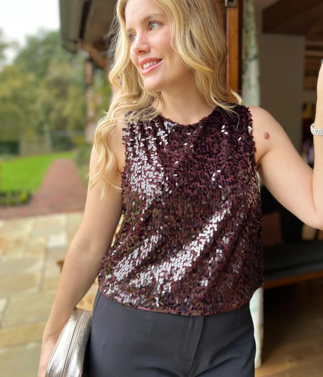 Zarina Deep Burgundy Sequin Top - Image 5